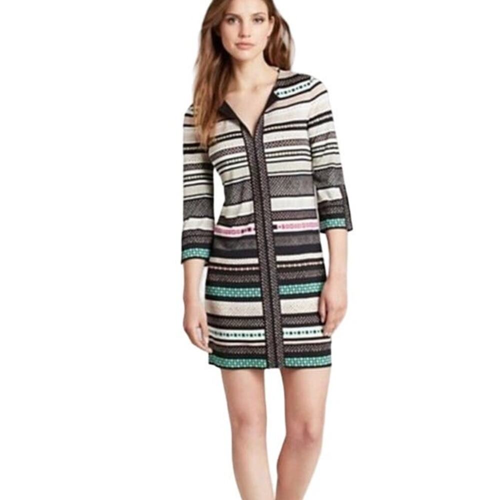 Diane Von Furstenberg Rose Print Silk Shift Dress Split Neck Striped Mini Size 4